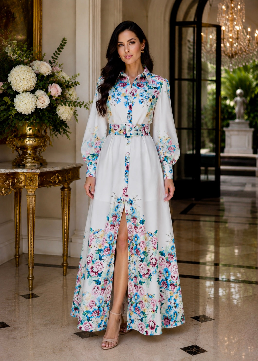 Francis Floral Long Sleeve Maxi Dress – Elegant Belted Luxury Shirt Dress for Women