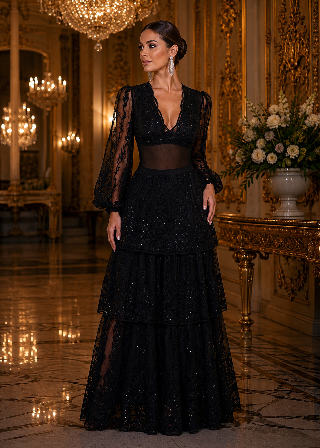 BLACK 2-PIECE Long Sleeve Lace Suit & Skirt