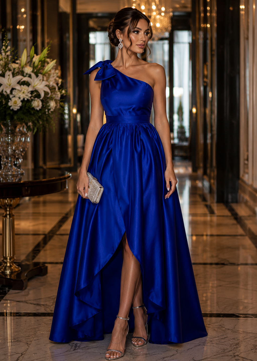 blue satin one shoulder dress BABARONI Acetate Ink Bridesmaid Dresses Floor-length Sleeveless Ruched Ribbons Sheath, Ink Blue / US0 adorned waist down to a maxi hem with a side slit Esme | One Shoulder Ruched