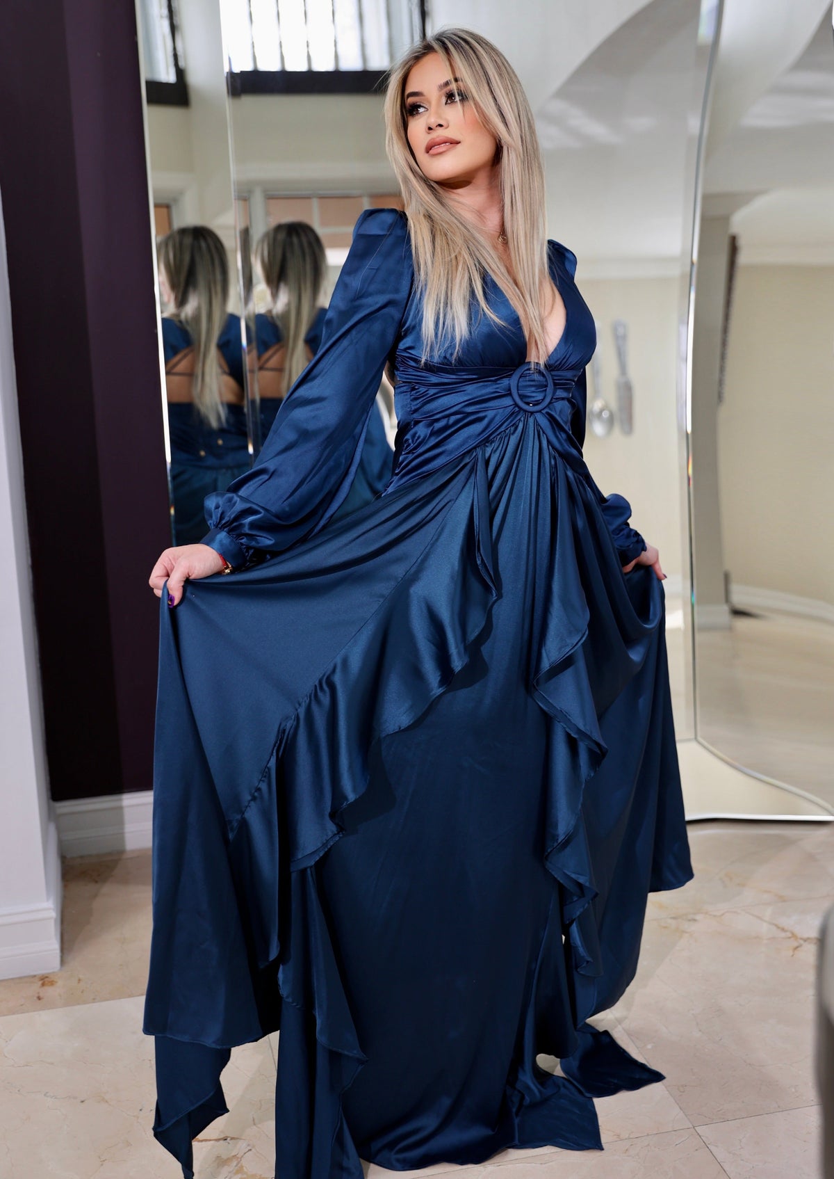BLUE SAPPHIRE Satin Maxi Dress with Cut Out Long Sleeves