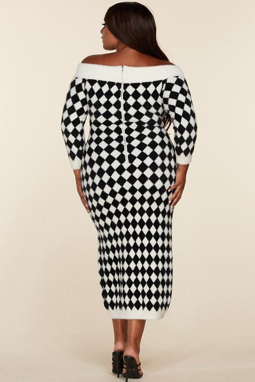 OFF SHOULDER BODYCON Dress - Plus Size Checkered Midi 3X / US 26-28 OFF SHOULDER BODYCON Dress - Plus Size Checkered Midi 3X / US 26-28
