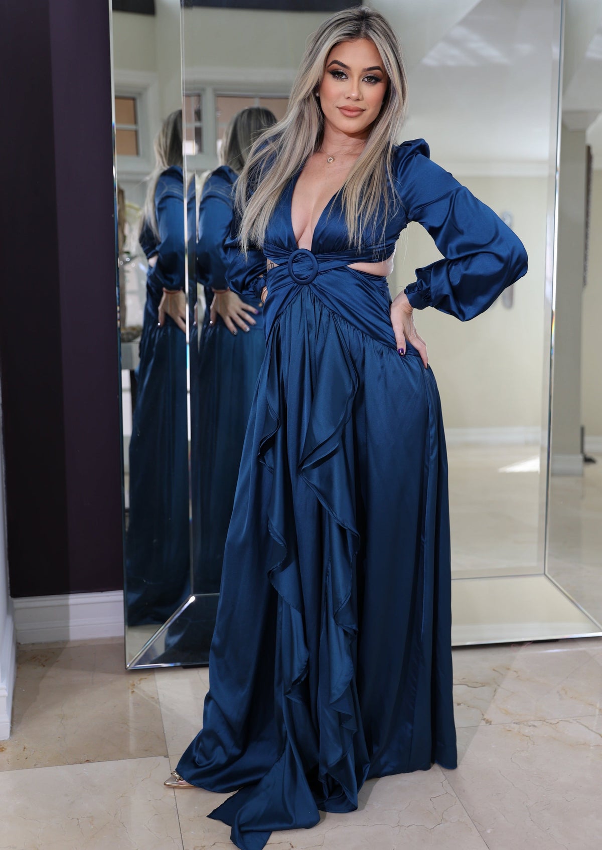 "MYKONOS" BLUE SAPPHIRE CUT OUT LONG SLEEVE SATIN MAXI DRESS "MYKONOS" BLUE SAPPHIRE CUT OUT LONG SLEEVE SATIN MAXI DRESS