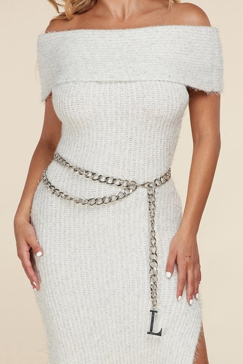 White OFF SHOULDER Bodycon Maxi Dress with Silver Chain Belt L / US 10-12 White OFF SHOULDER Bodycon Maxi Dress with Silver Chain Belt L / US 10-12