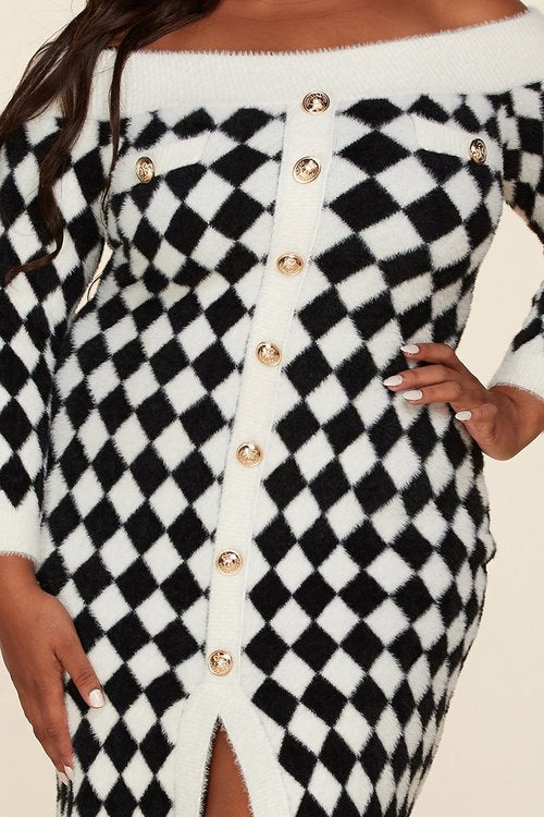 OFF SHOULDER BODYCON Dress - Plus Size Checkered Midi 3X / US 26-28 OFF SHOULDER BODYCON Dress - Plus Size Checkered Midi 3X / US 26-28