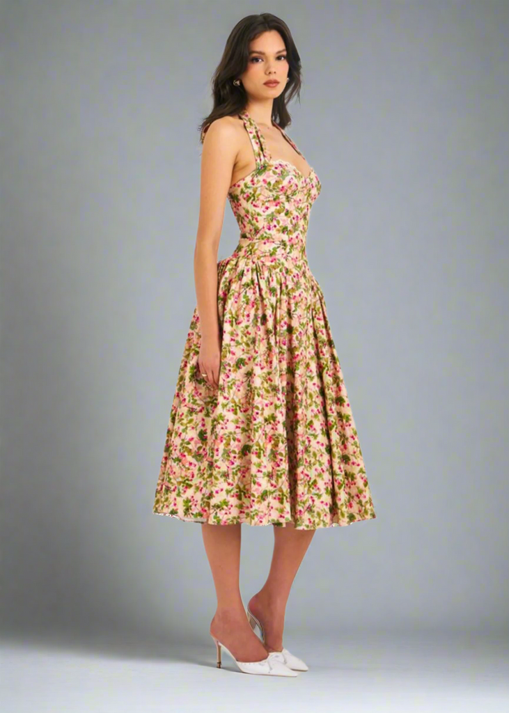 Isabella Premium Floral Corset Midi Dress – Elegant Pleated Linen Dress for Summer & Special Occasions