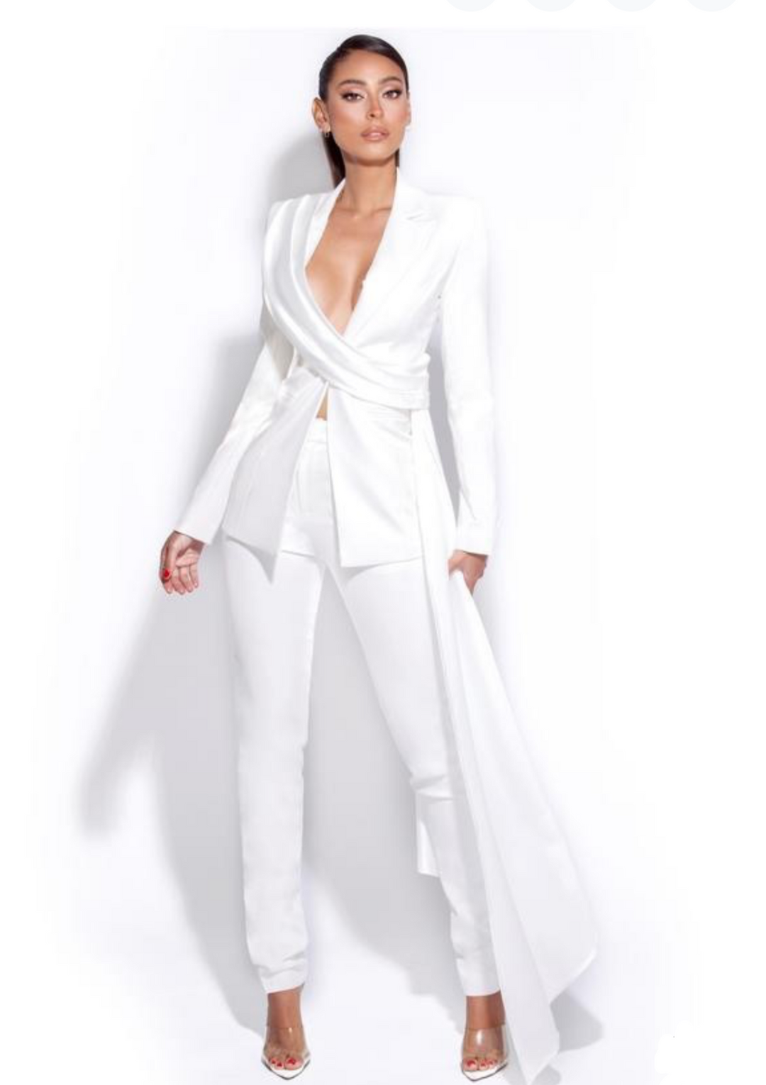 “CAROLINA” WHITE SATIN DRAPED BLAZER JACKET – ELEGANT TAILORED DESIGN