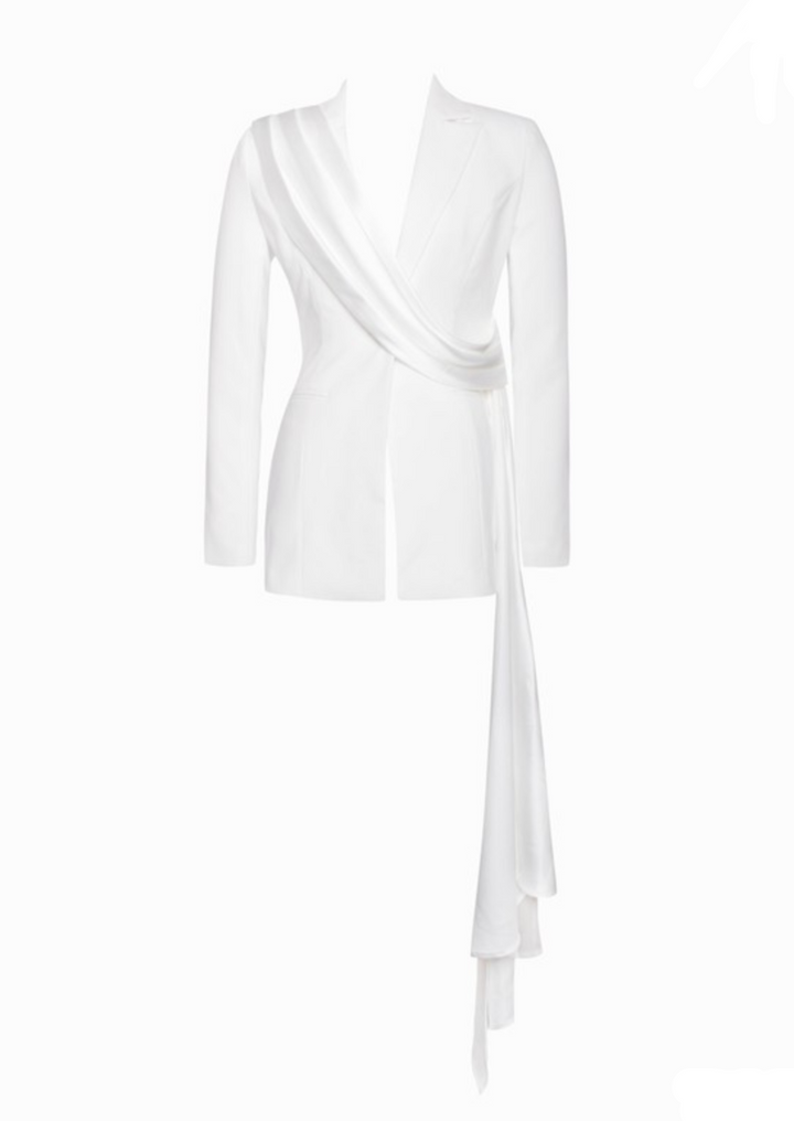 “CAROLINA” WHITE SATIN DRAPED BLAZER JACKET – ELEGANT TAILORED DESIGN