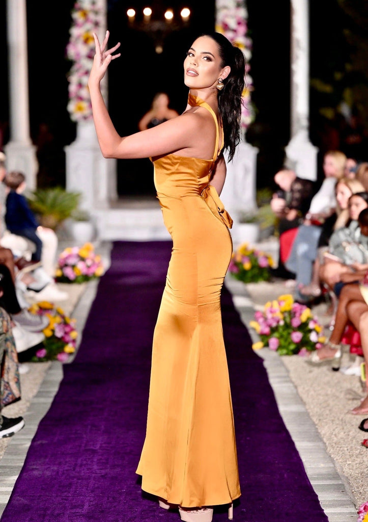 GOLD HALTER NECK Double Duchess Satin Gown by Ariane GOLD HALTER NECK Double Duchess Satin Gown by Ariane