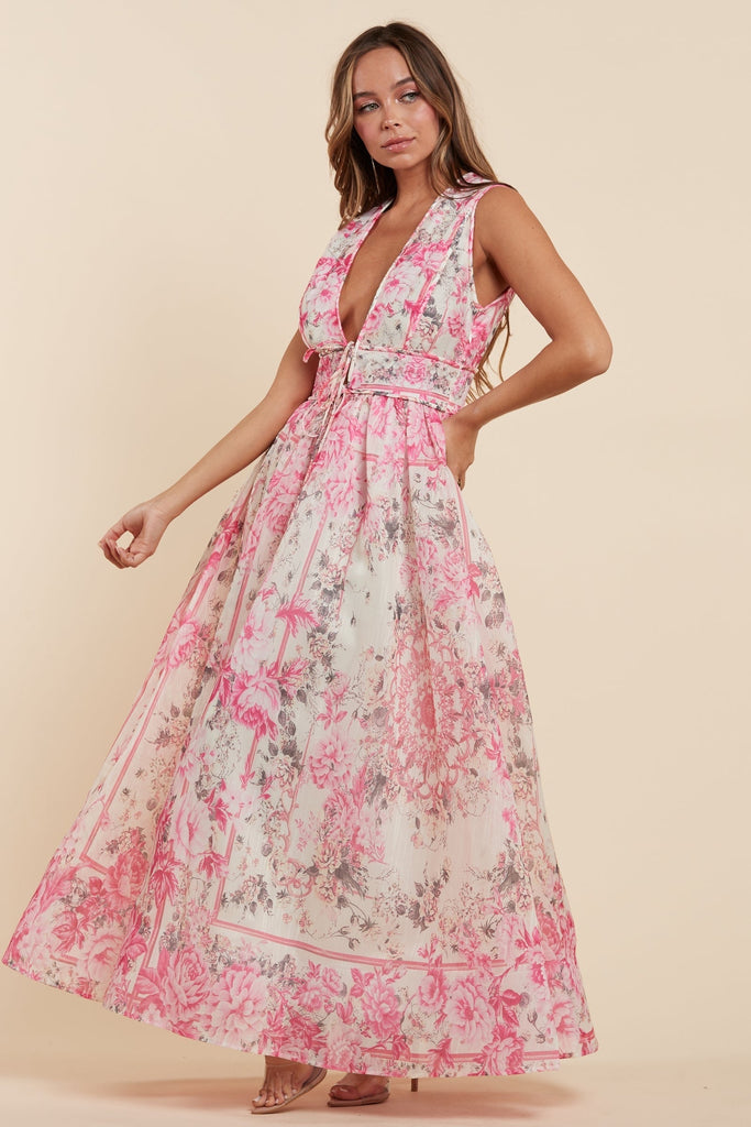 Floral Print Maxi Dress - Elegant Sleeveless V-Neck Design Floral Print Maxi Dress - Elegant Sleeveless V-Neck Design