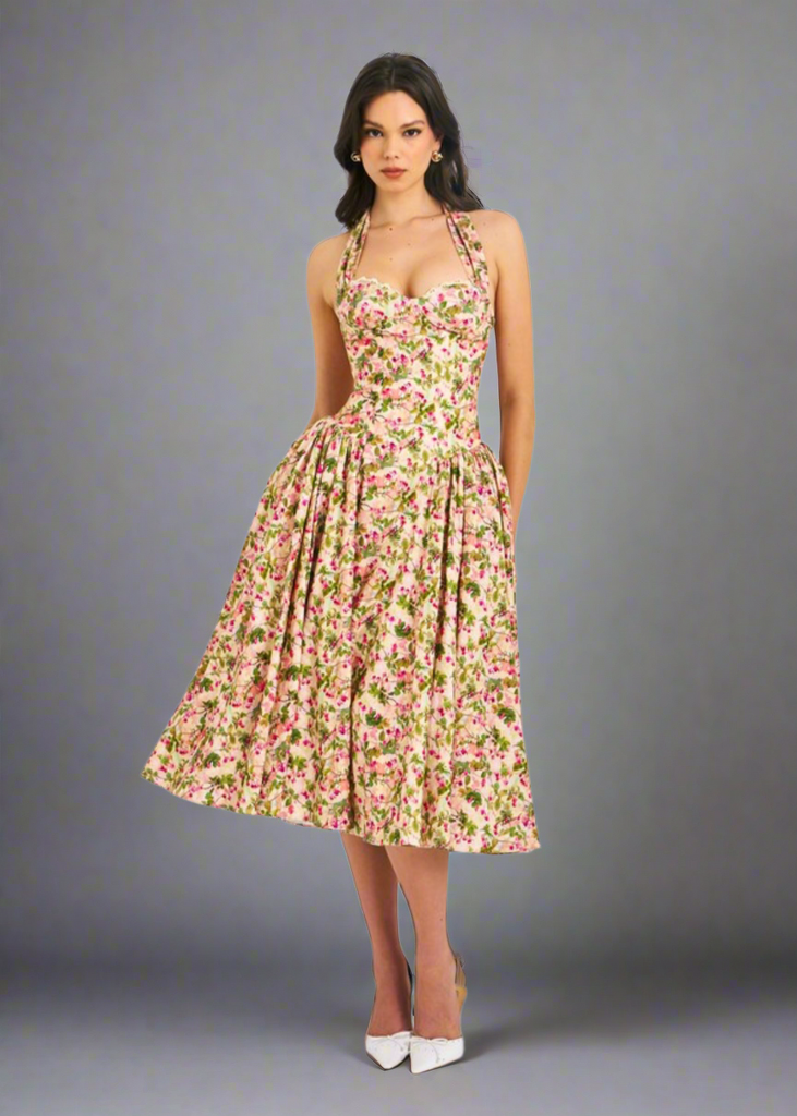 Isabella Premium Floral Corset Midi Dress – Elegant Pleated Linen Dress for Summer & Special Occasions