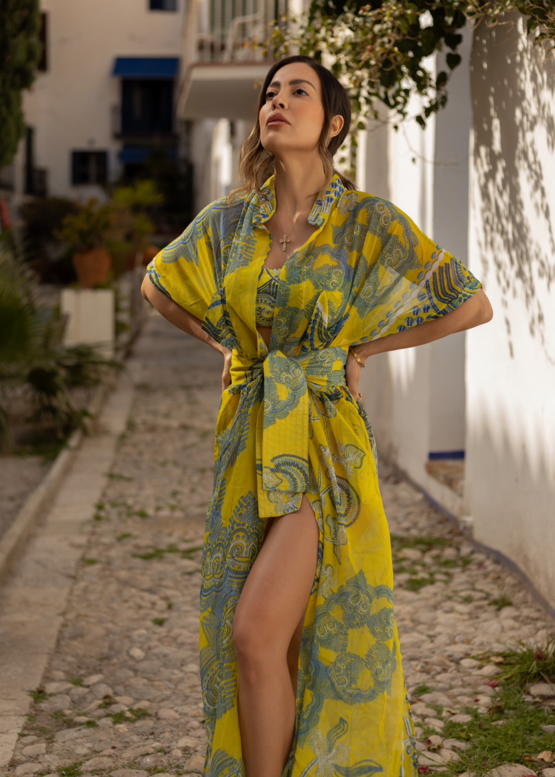 Monaco Kimono in sheer yellow and blue print, luxury resortwear cover-up.