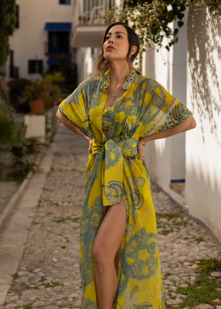Monaco Kimono in sheer yellow and blue print, luxury resortwear cover-up.