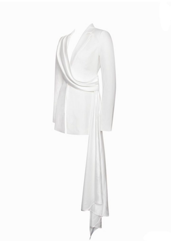 “CAROLINA” WHITE SATIN DRAPED BLAZER JACKET – ELEGANT TAILORED DESIGN