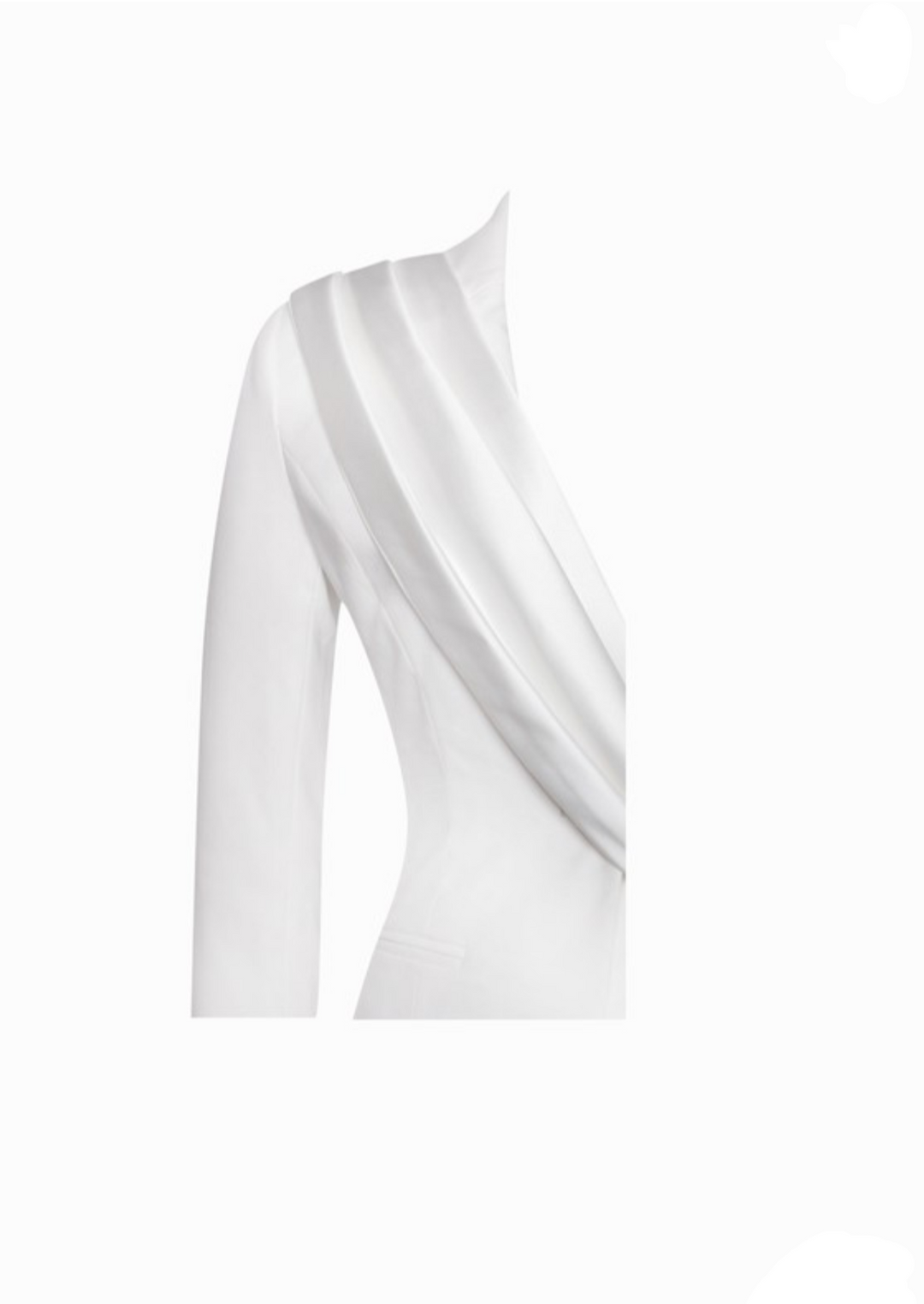 “CAROLINA” WHITE SATIN DRAPED BLAZER JACKET – ELEGANT TAILORED DESIGN