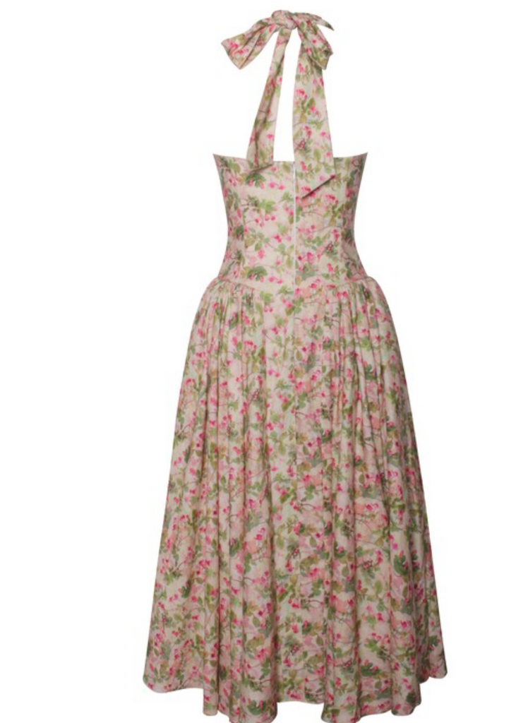 Isabella Premium Floral Corset Midi Dress – Elegant Pleated Linen Dress for Summer & Special Occasions