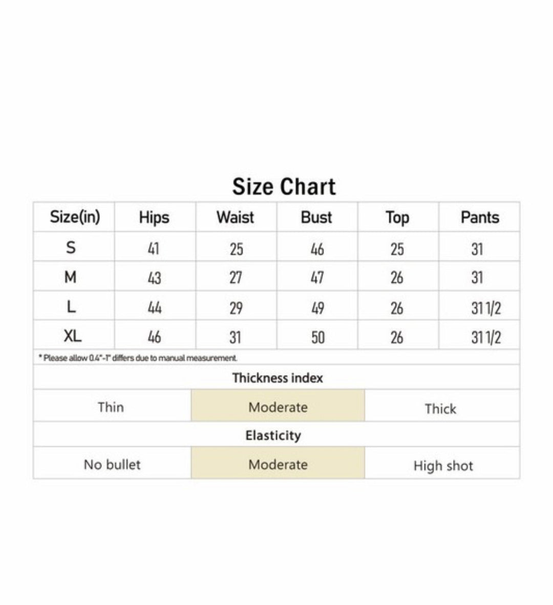 Size chart for EASY &amp; ELEGANCE Blue 3-Piece Jogger Set, showing measurements and fabric details.