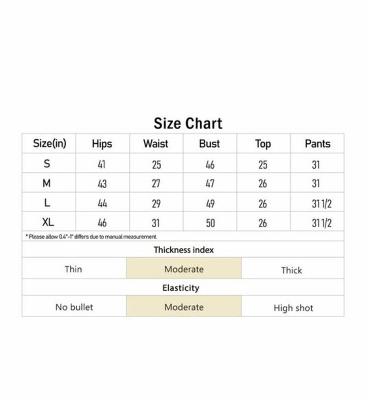 Size chart for EASY &amp; ELEGANCE Blue 3-Piece Jogger Set, showing measurements and fabric details.