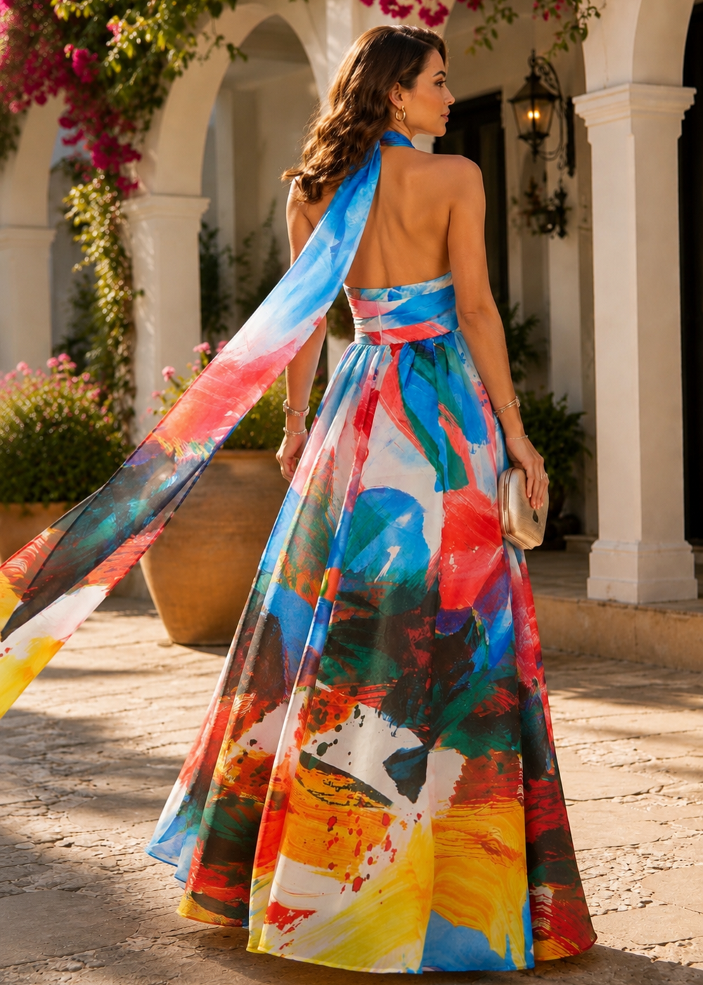 Back view of the Alejandra Blue Multi-Color Halter Maxi Dress featuring an open back and dramatic flowing scarf detail in an elegant Mediterranean outdoor setting.