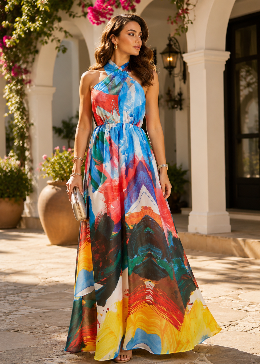 Alejandra Blue Multi-Color Halter Maxi Dress – Elegant Abstract Print Maxi Dress for Resort Vacations, Weddings & Summer Events