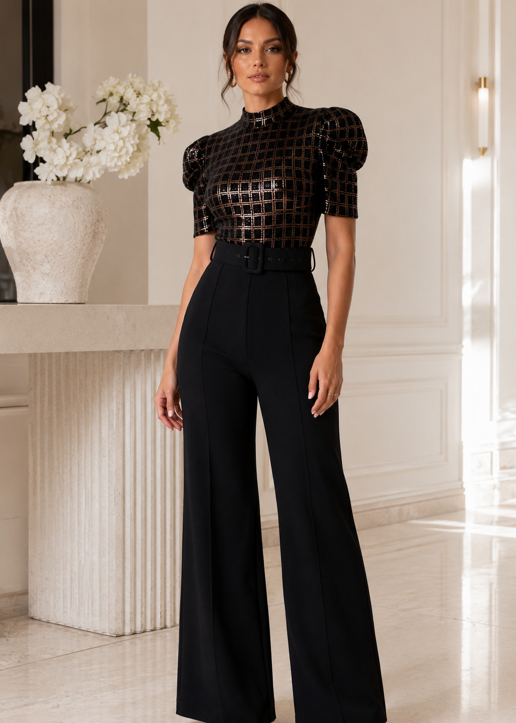 Elegant woman wearing the Andrea black sequin jumpsuit featuring a shimmering high-neck bodice, puff sleeves, high waist, and wide-leg tailored pants in a luxurious interior.
