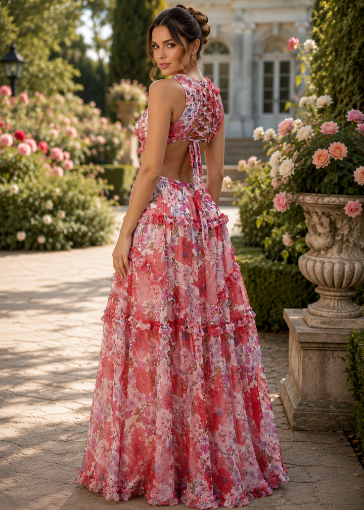 Back view of the Angela Floral Chiffon Cut Out Maxi Dress showcasing the open-back design with tie detail, flowing floral chiffon fabric, and feminine tiered maxi silhouette in an elegant outdoor garden.