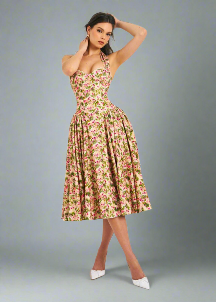 Isabella Premium Floral Corset Midi Dress – Elegant Pleated Linen Dress for Summer & Special Occasions