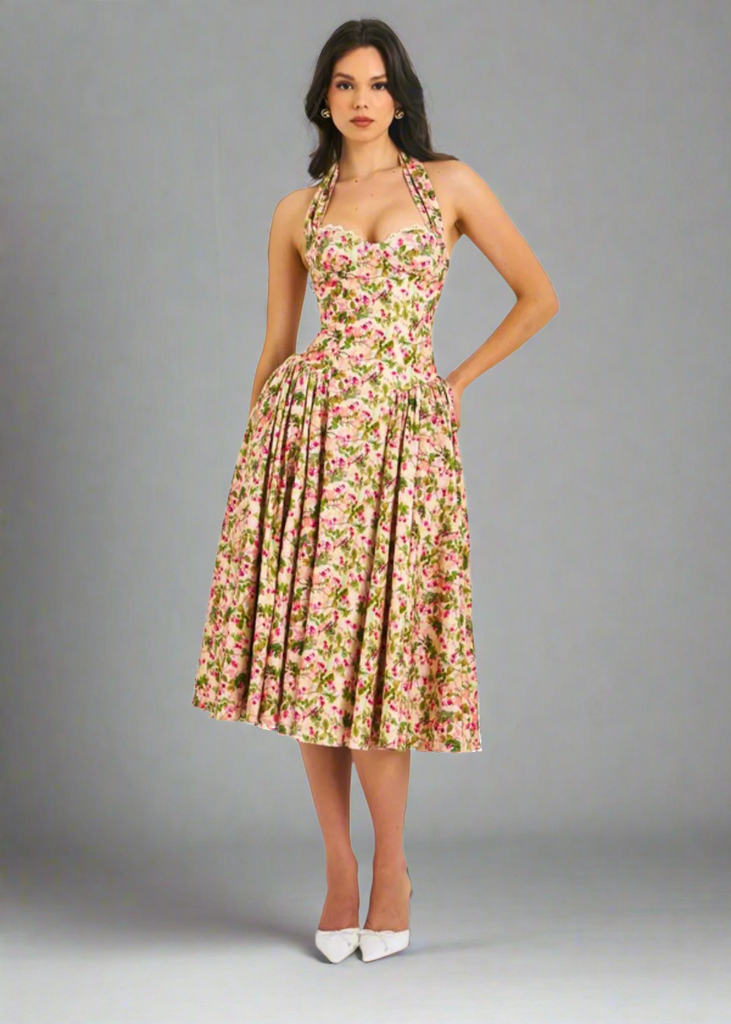 Isabella Premium Floral Corset Midi Dress – Elegant Pleated Linen Dress for Summer & Special Occasions