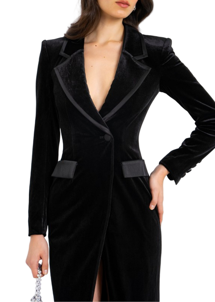 Black velvet high slit blazer gown 