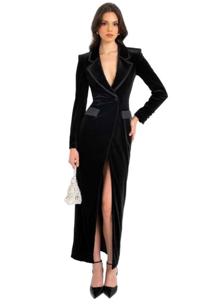 Black velvet high slit blazer gown. 