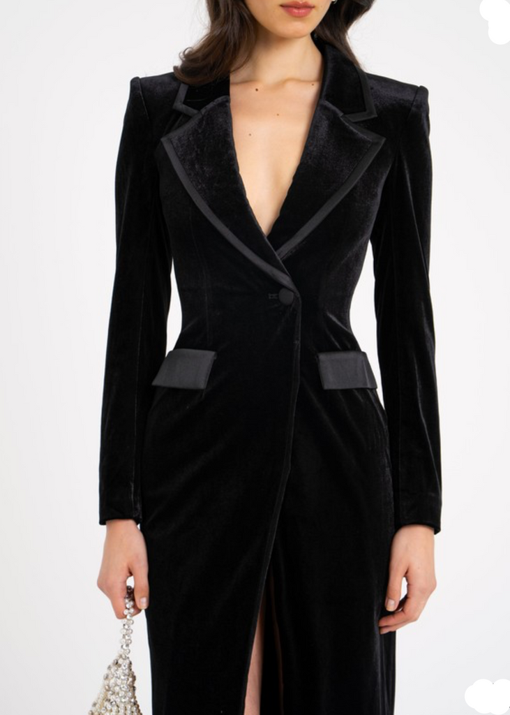 Black velvet high slit blazer gown 
