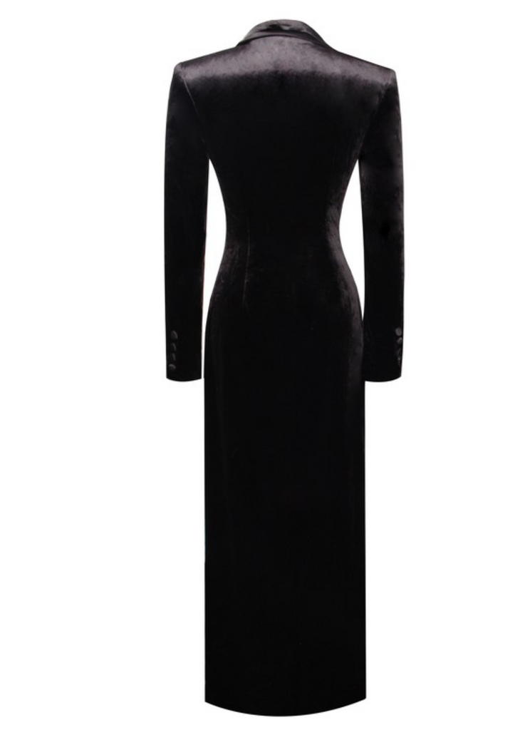 Black velvet high slit blazer gown. 