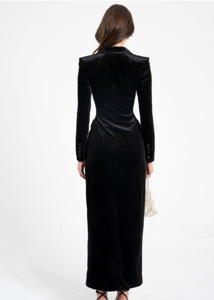 Black velvet high slit blazer gown. 