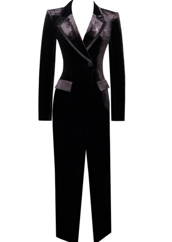Black velvet high slit blazer gown 