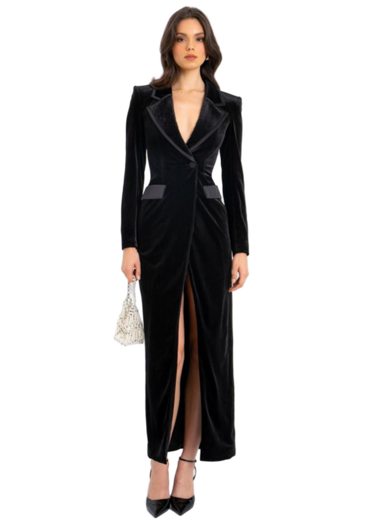 Black velvet high slit blazer gown with open front 