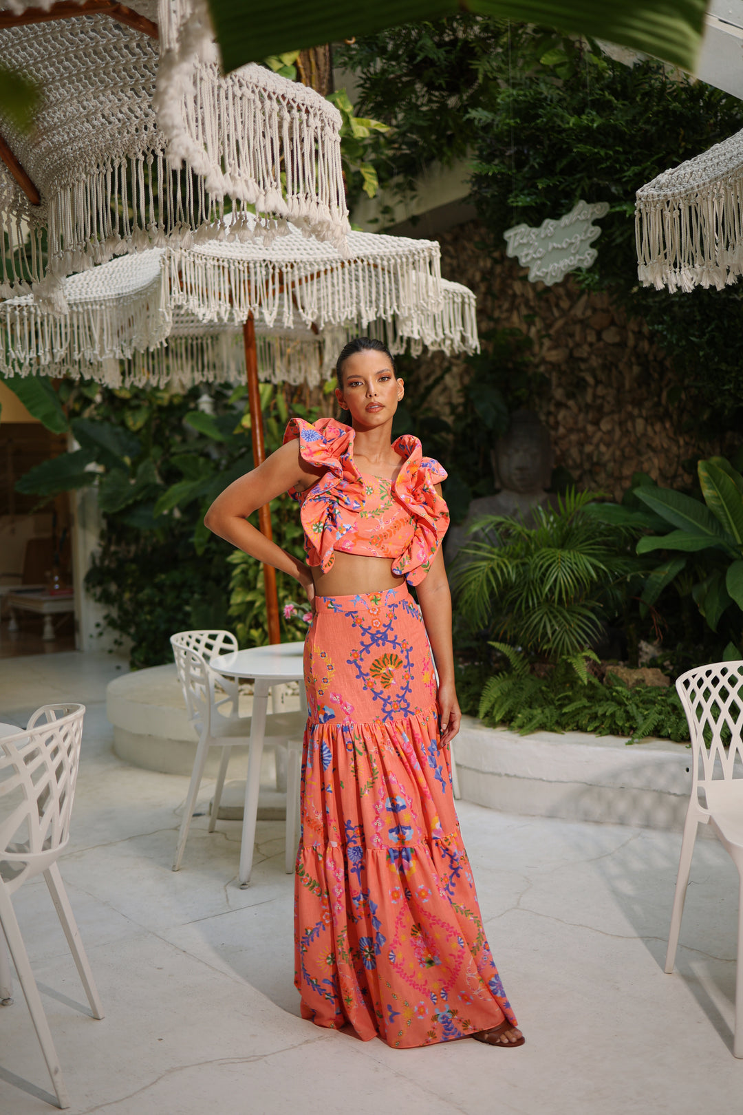 Côte d’Azur Orange Ruffle Top &amp; Maxi Skirt Set