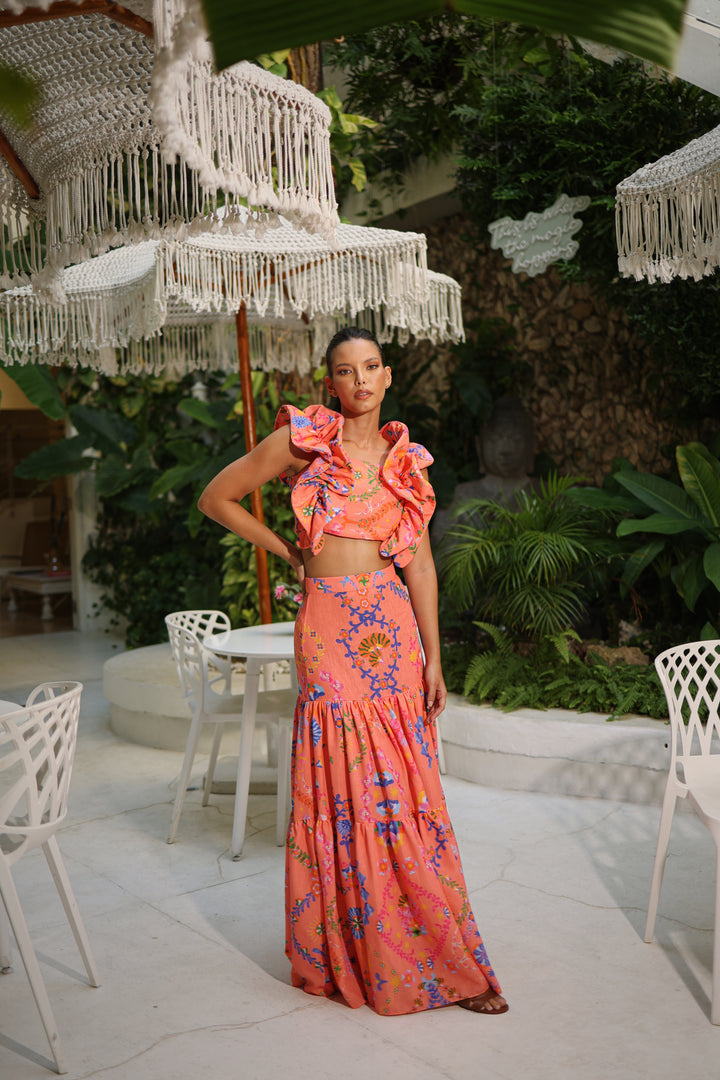 Côte d’Azur Orange Ruffle Top &amp; Maxi Skirt Set