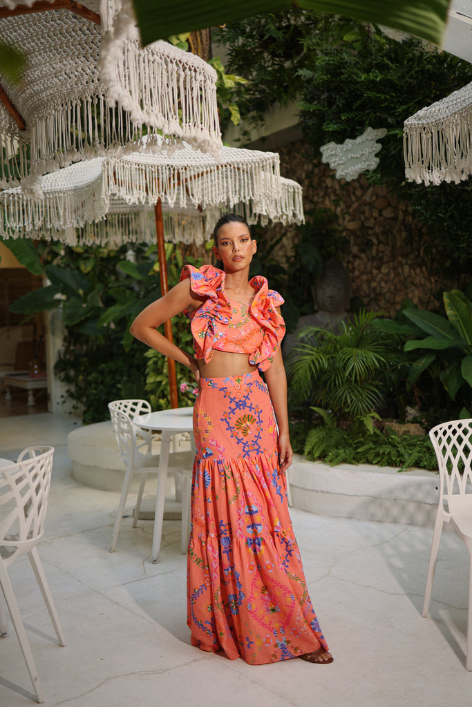 Côte d’Azur Orange Ruffle Top & Maxi Skirt Set