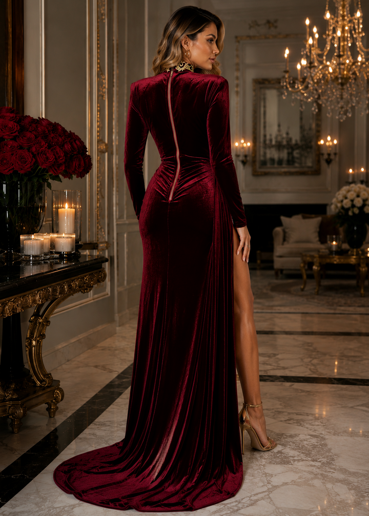 Back view of the Bordeaux burgundy velvet long sleeve evening gown showcasing the elegant silhouette, flowing train, gold embellished neckline, and invisible back zipper.