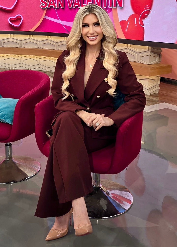 Full outfit of burgundy power icon two-piece suit set with gold buttons, designed for professional and executive women.
