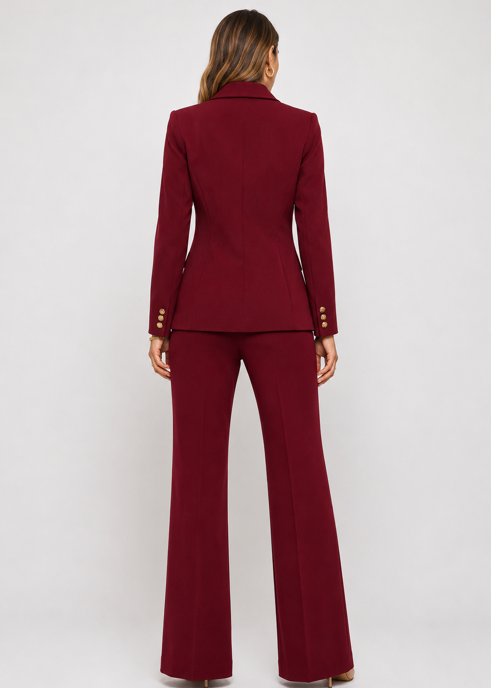 Back view of the Burgundy Power Icon Two-Piece Suit Set featuring a tailored blazer and wide-leg trousers in a rich burgundy color.