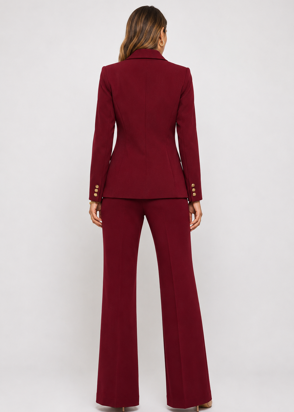 Back view of the Burgundy Power Icon Two-Piece Suit Set featuring a tailored blazer and wide-leg trousers in a rich burgundy color.