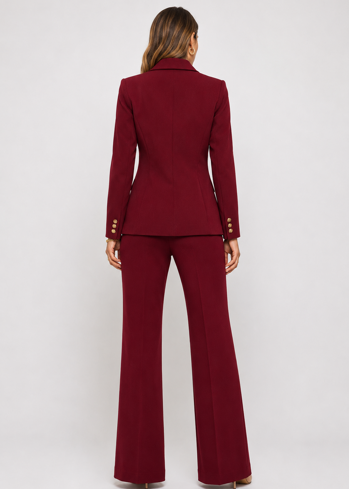 Back view of the Burgundy Power Icon Two-Piece Suit Set featuring a tailored blazer and wide-leg trousers in a rich burgundy color.