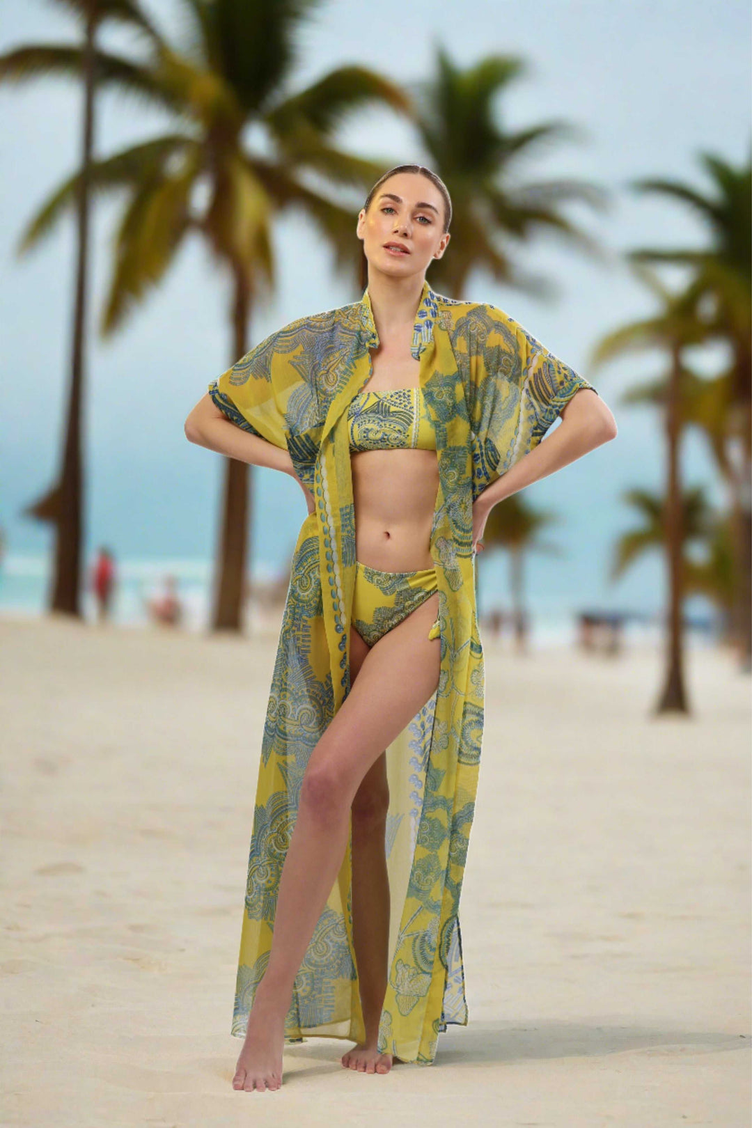 Monaco Bikini Set with bandeau top and adjustable tie bottoms in a tropical setting.