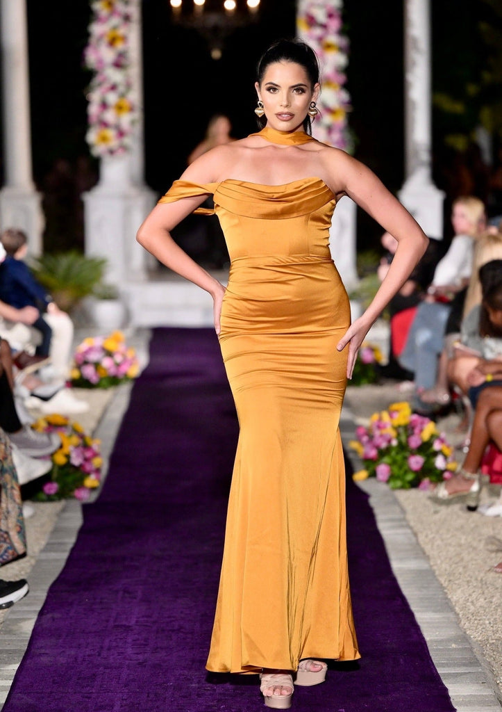 GOLD HALTER NECK Double Duchess Satin Gown by Ariane GOLD HALTER NECK Double Duchess Satin Gown by Ariane