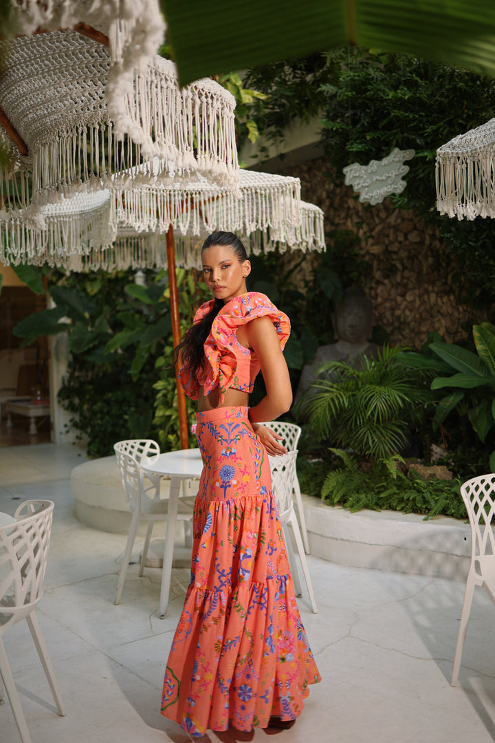 Côte d’Azur Orange  and Blue Ruffle Top &amp; Maxi Skirt Set