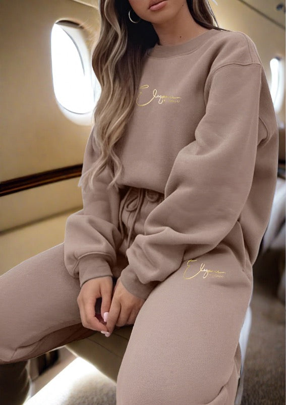 “FLY IN STYLE” Khaki Jogger Solid Round Neck Sweatshirt and Pants Set
