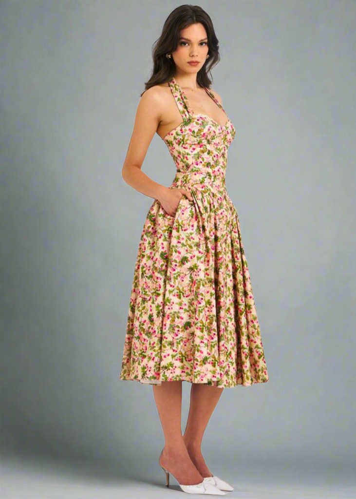 Isabella Premium Floral Corset Midi Dress – Elegant Pleated Linen Dress for Summer & Special Occasions