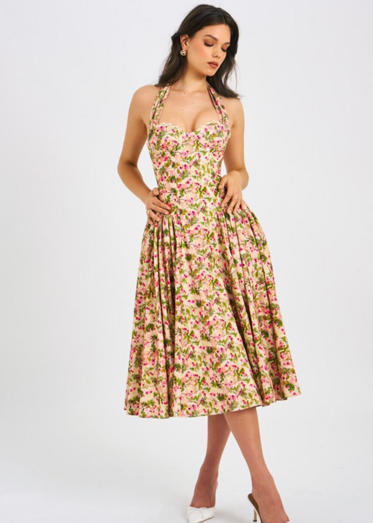 Isabella Premium Floral Corset Midi Dress – Elegant Pleated Linen Dress for Summer & Special Occasions