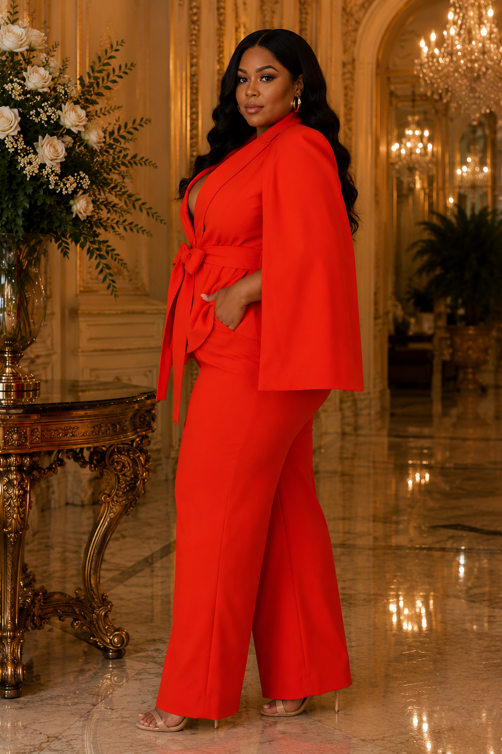 Back view of the Daniella Plus red cape blazer set featuring a dramatic cape design and elegant wide leg pants in a luxury interior.