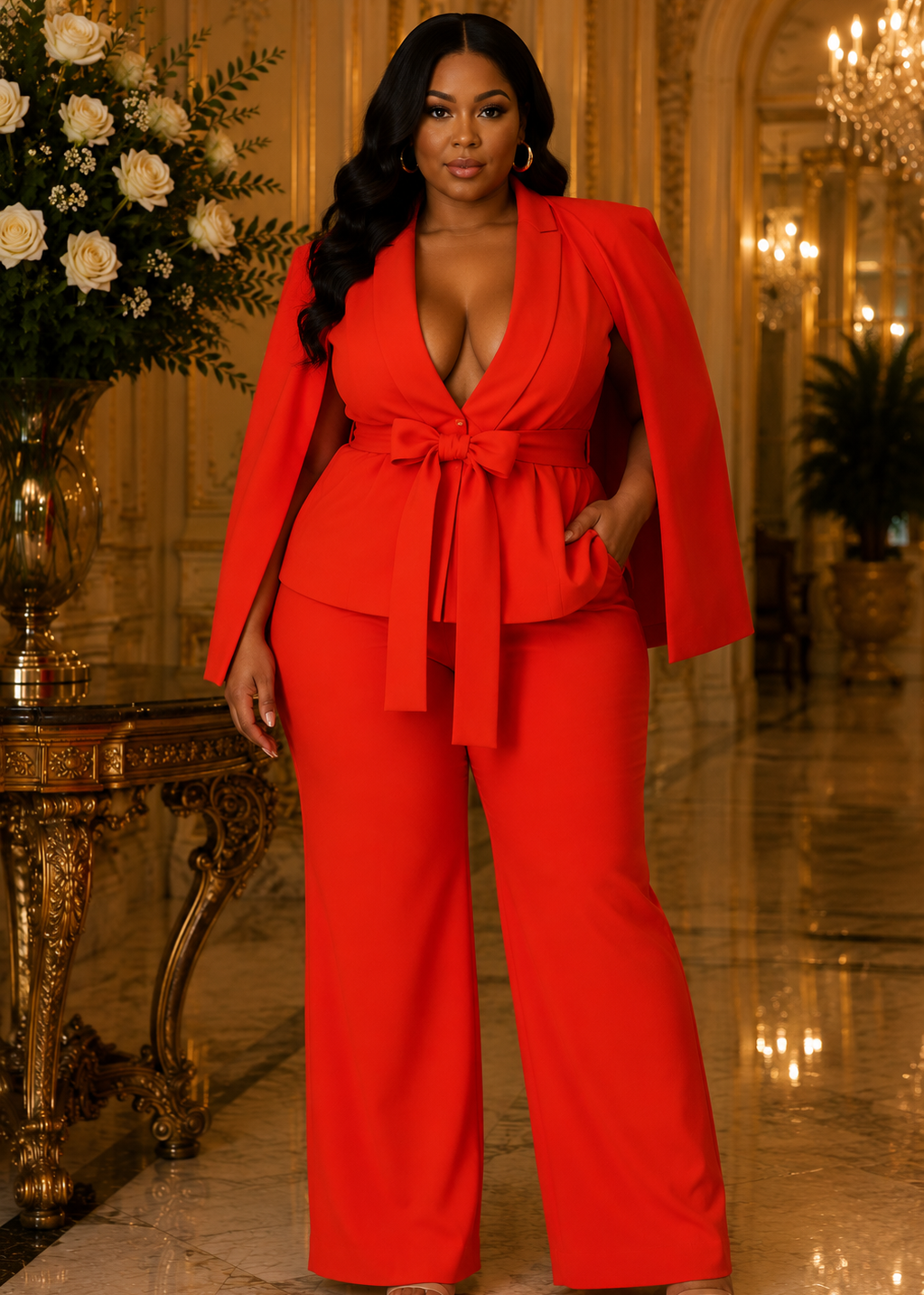 Plus size model wearing the Daniella red cape blazer set with wide leg pants in an elegant luxury ballroom for special occasions.